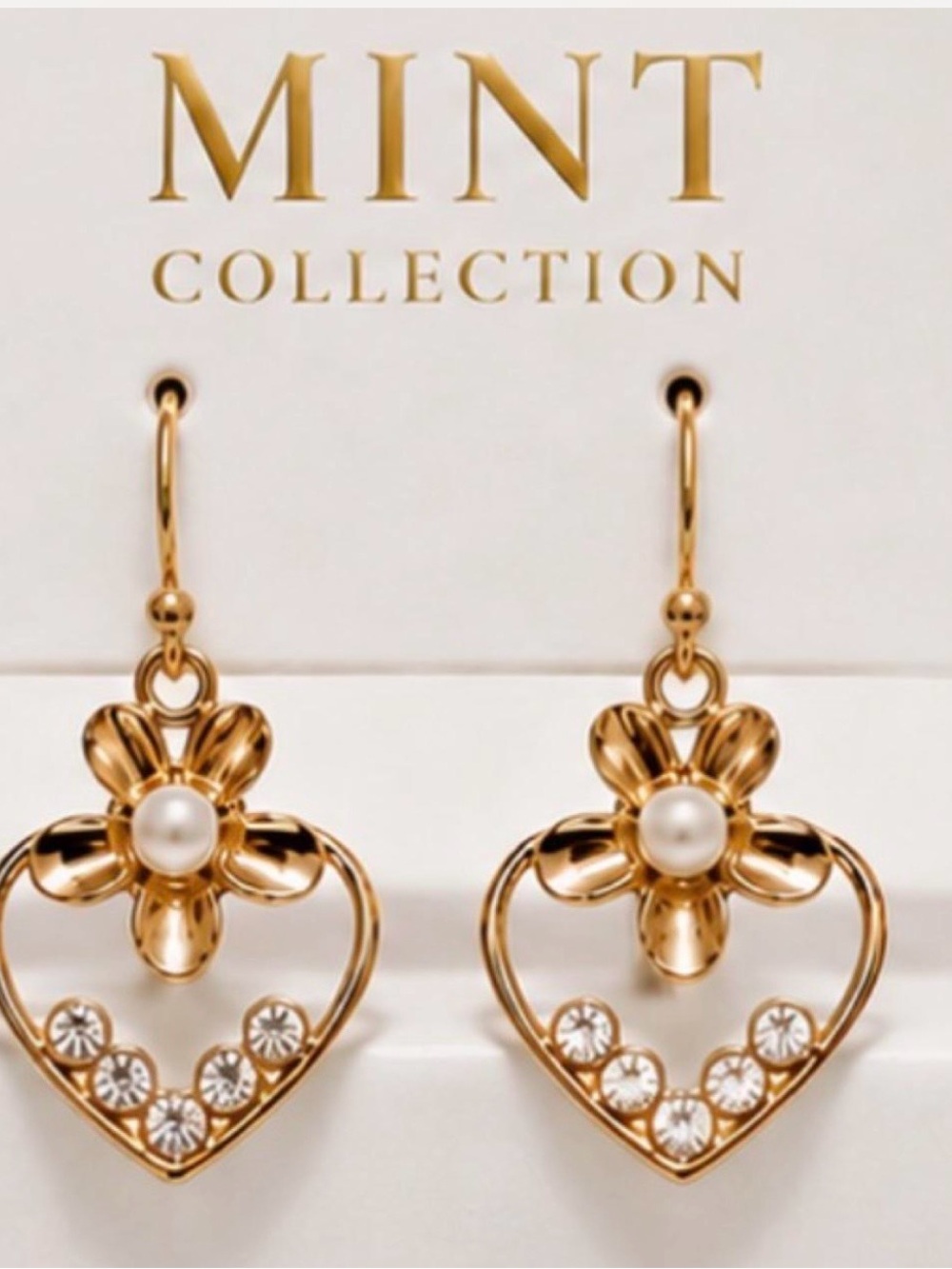Gold Flower Heart Drop Earrings with Pearls